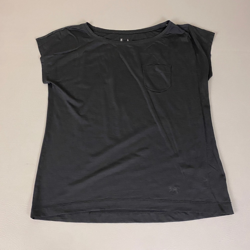 Arcteryx Wool T-Shirt Womens Large Black Wool Blend Cap Sleeve Pocket *Flaws*